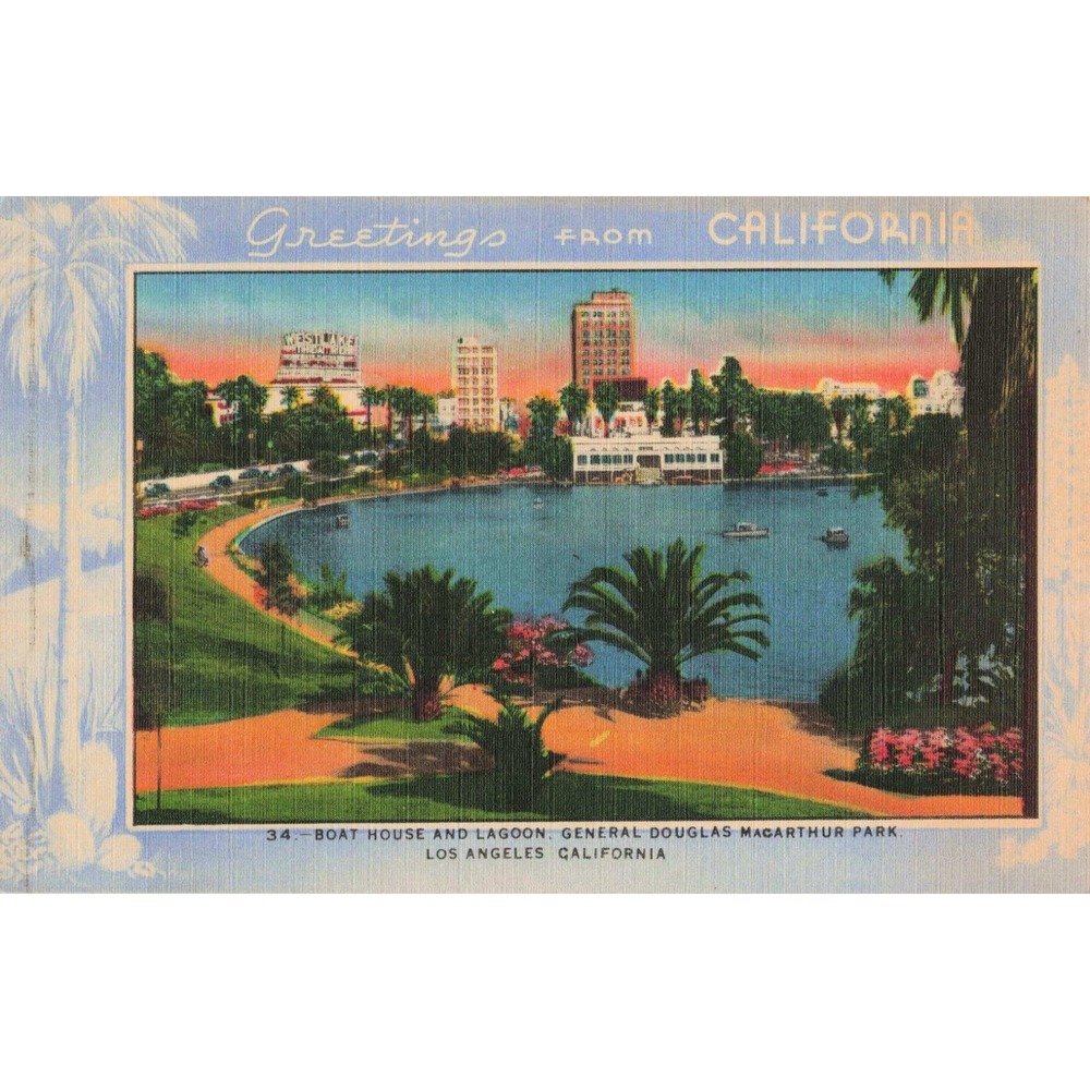 Vintage MacArthur Park Los Angeles California Linen Postcard Boat House Lagoon - Picture 1 of 2